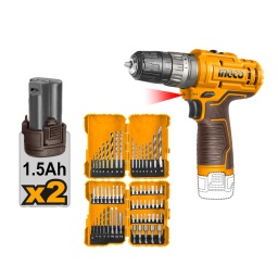 Kit Ingco COSLI23114 Atorn. Perc. 12V+ set de mechas + puntas + 2 bat