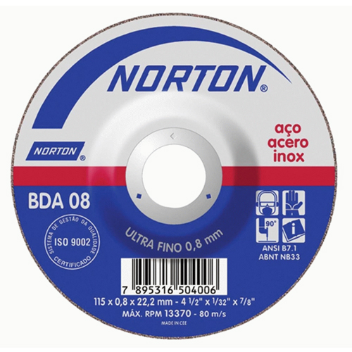 Disco de Corte Metal NORTON BDA08 – 115mm – Centro Deprimido – Cifer